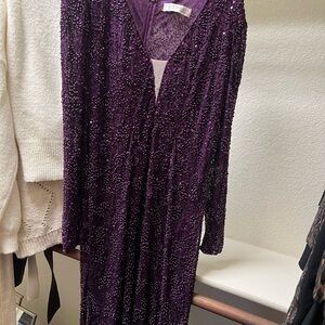 Mac Duggal Deep Purple Beaded Long-Sleeve Gown